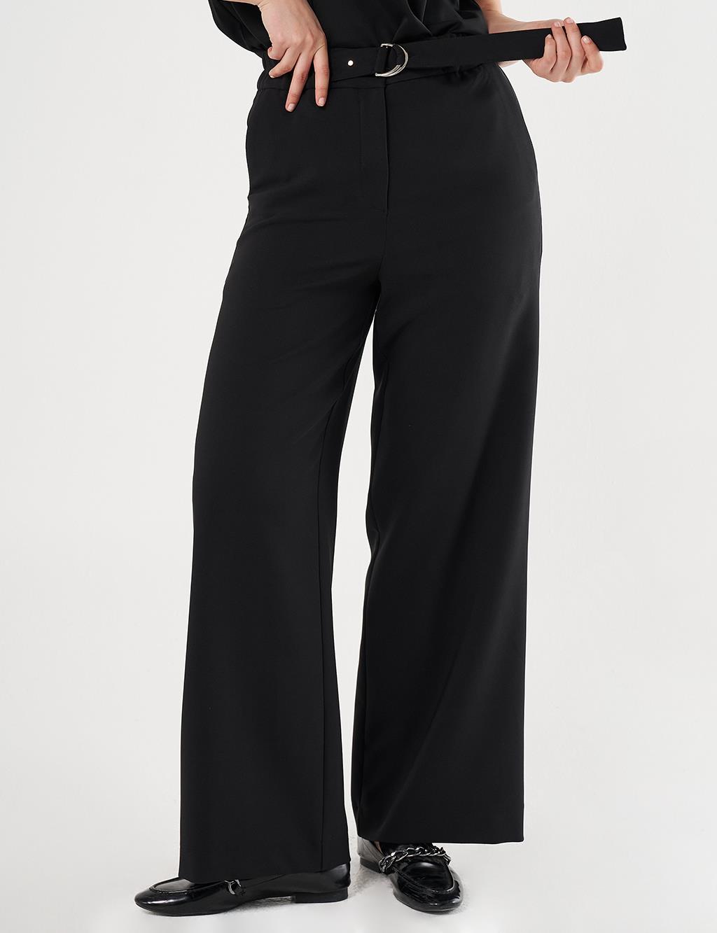 Metal Buckle Detailed High Waist Pants Black
