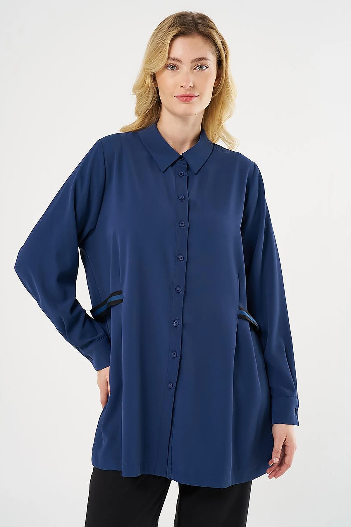 Grosgrain Tie Shirt Collar Tunic Indigo