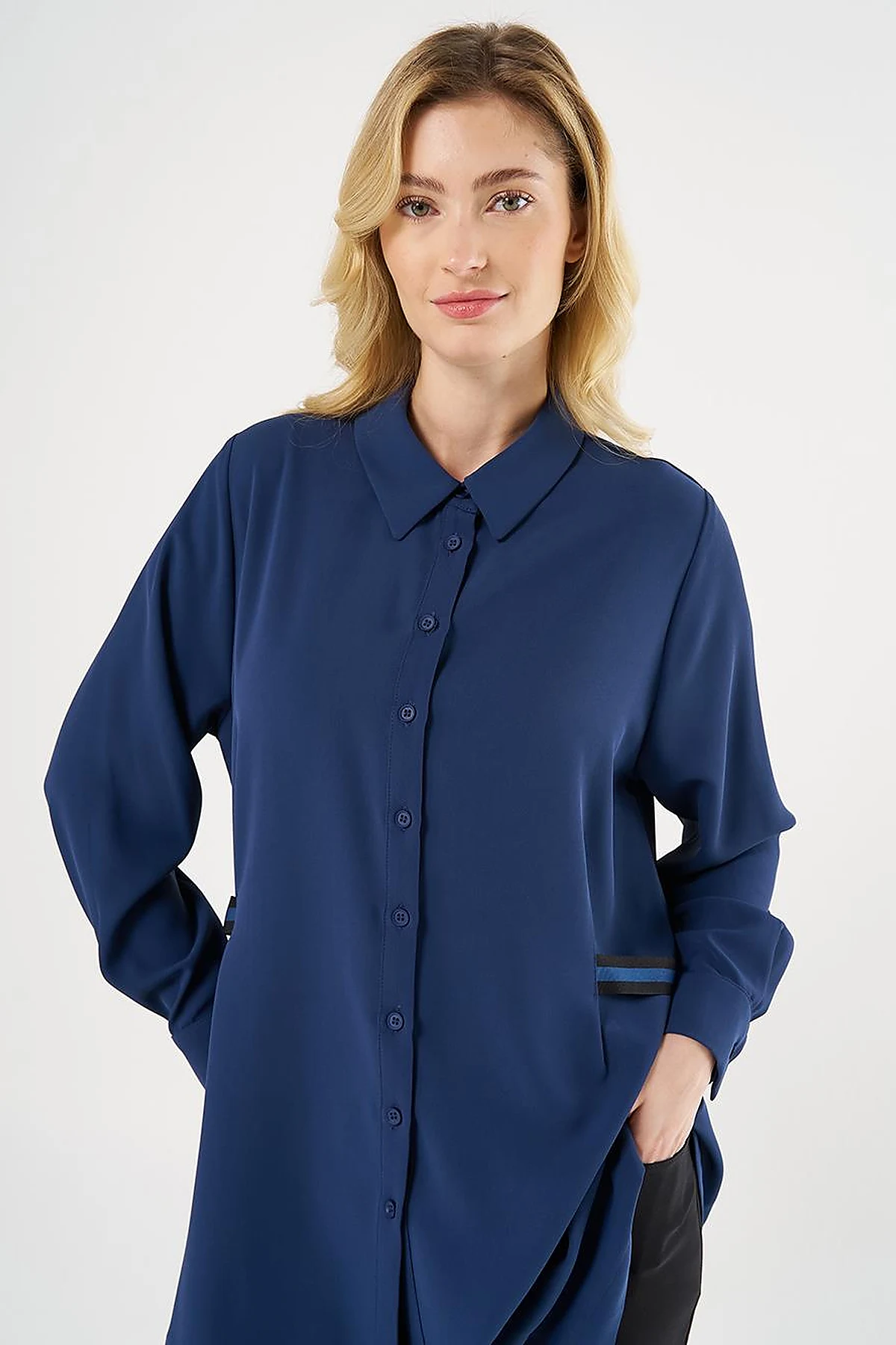 Grosgrain Tie Shirt Collar Tunic Indigo