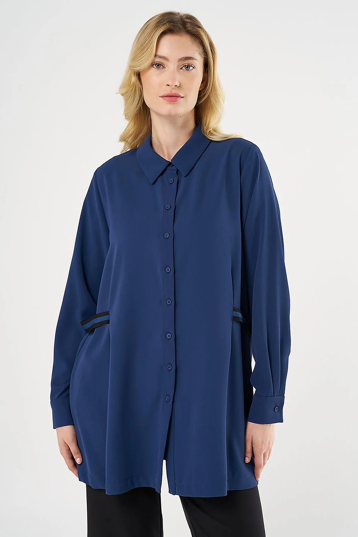 Grosgrain Tie Shirt Collar Tunic Indigo