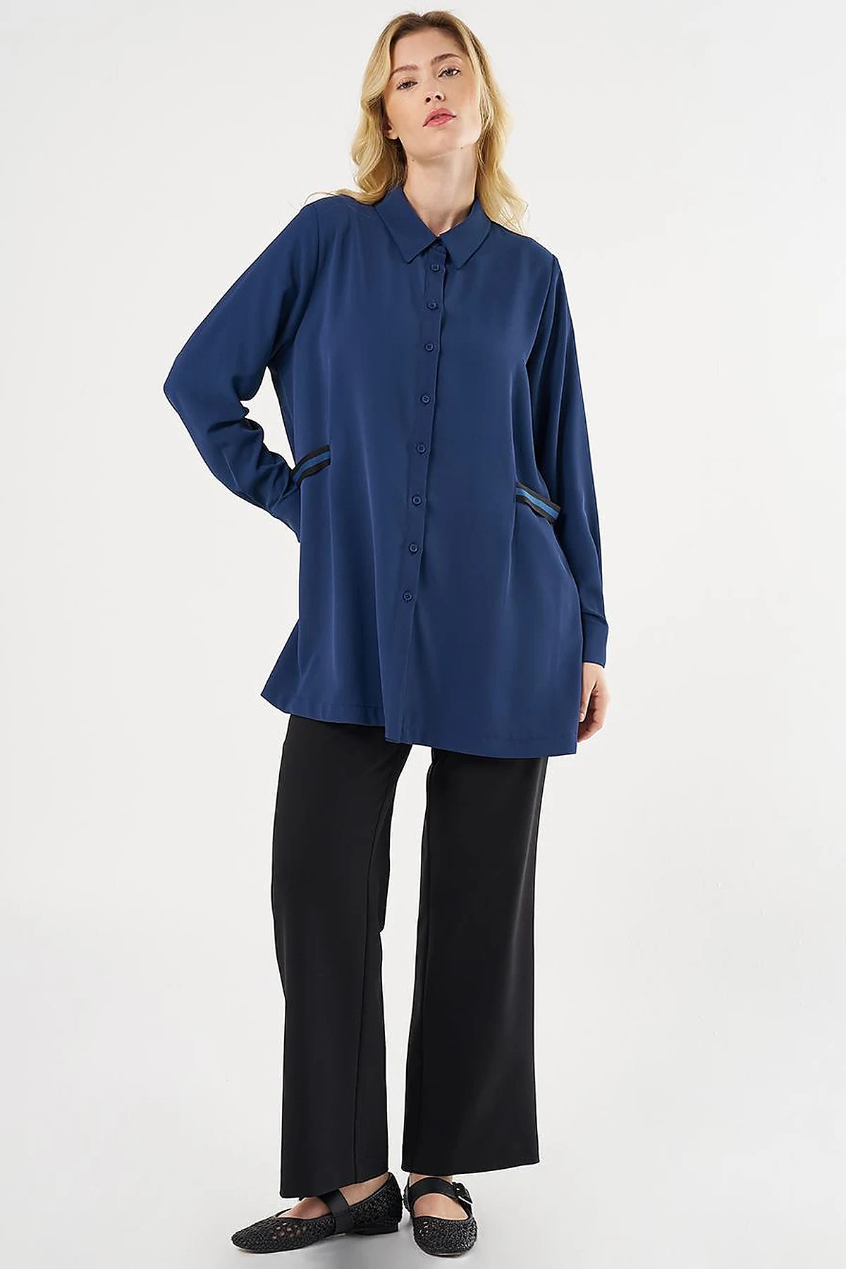 Grosgrain Tie Shirt Collar Tunic Indigo