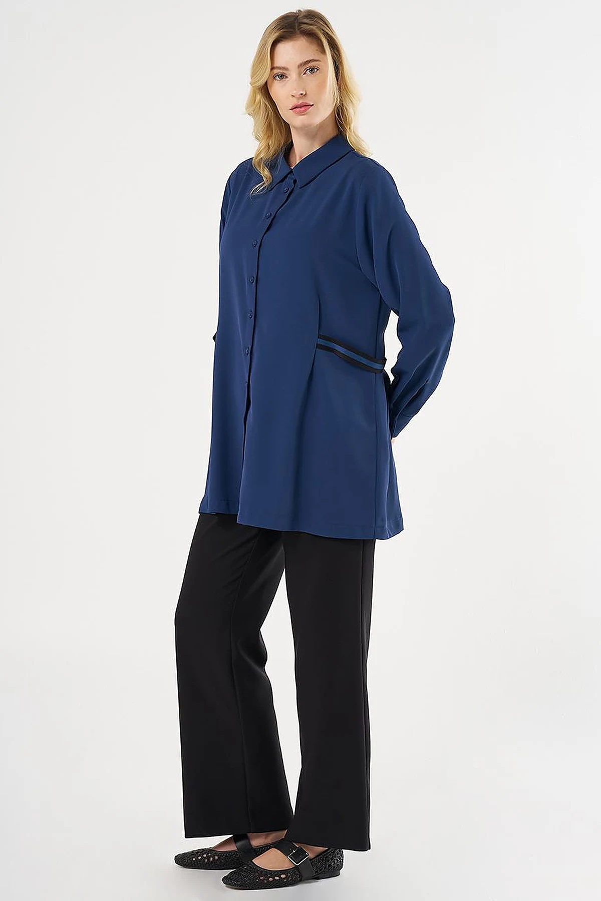 Grosgrain Tie Shirt Collar Tunic Indigo
