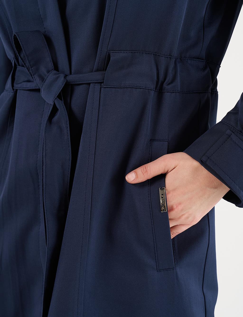 Buttoned Raglan Sleeve Overcoat Dark Navy