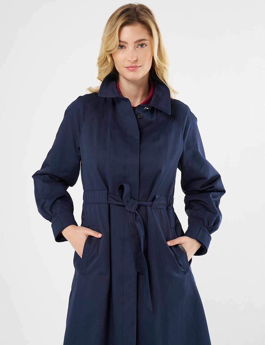 Buttoned Raglan Sleeve Overcoat Dark Navy