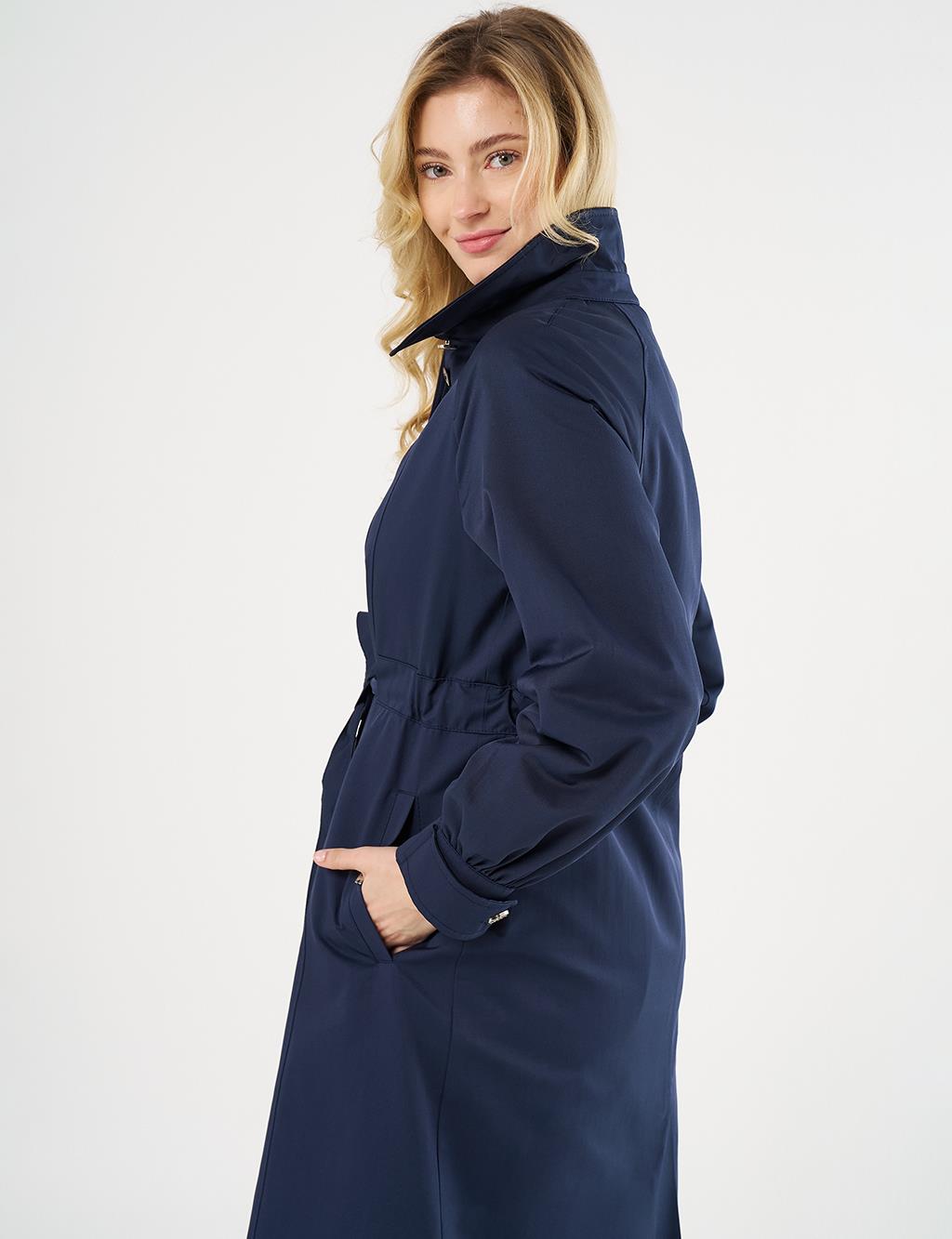 Buttoned Raglan Sleeve Overcoat Dark Navy