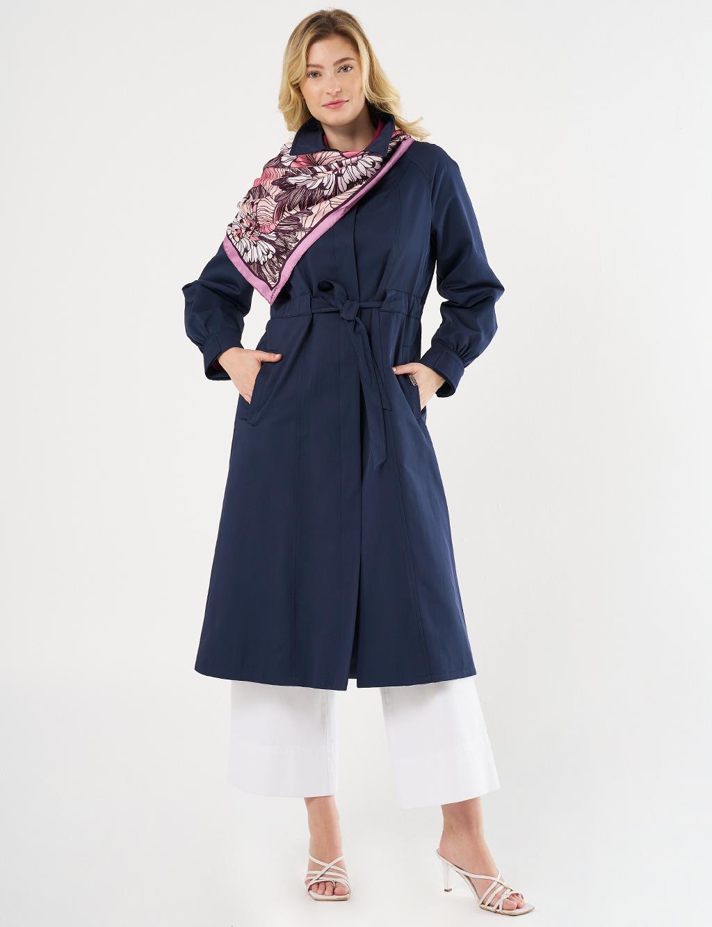 Buttoned Raglan Sleeve Overcoat Dark Navy