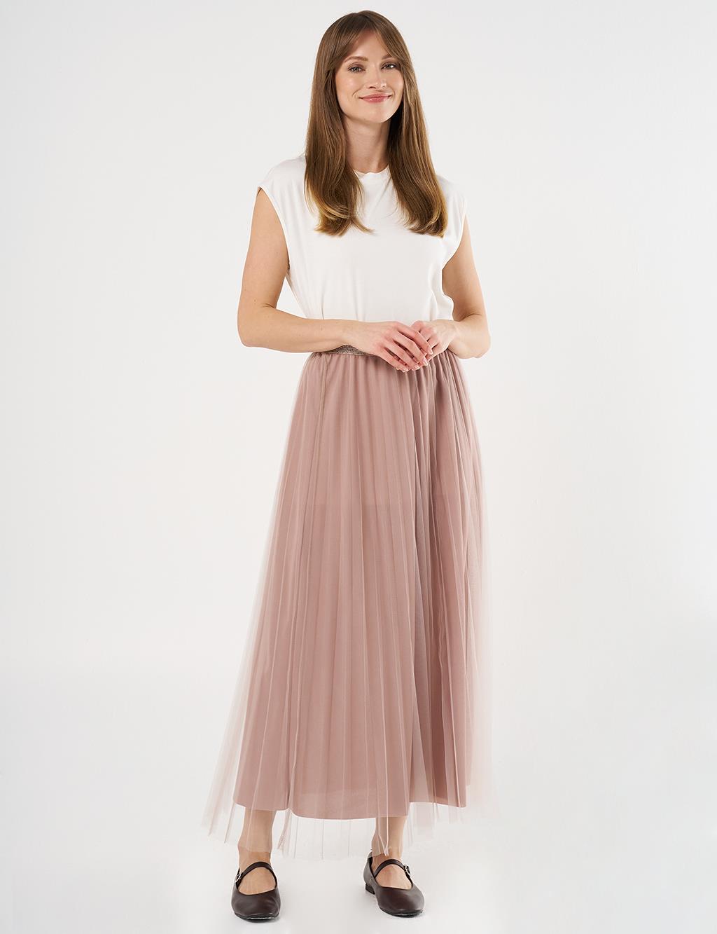 Pleated Tulle Skirt Beige