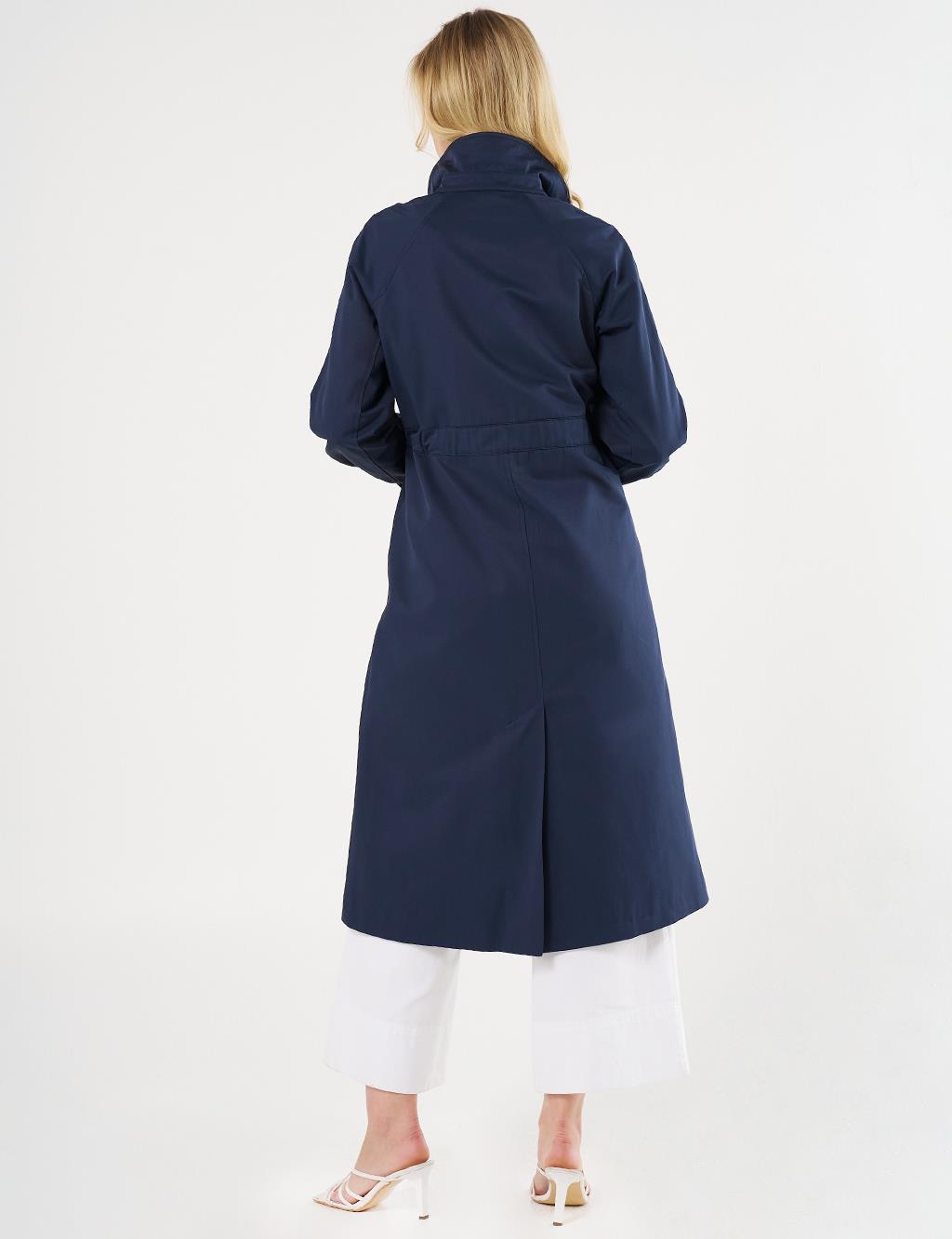 Buttoned Raglan Sleeve Overcoat Dark Navy