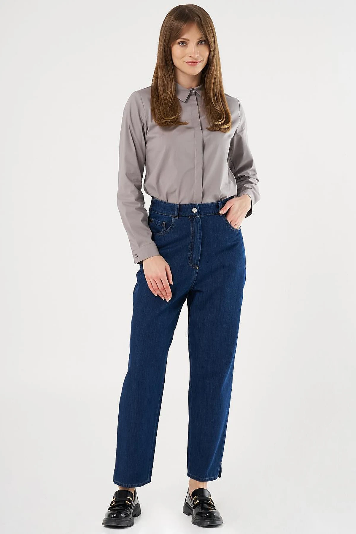 Denim Pants with Slit Hems Navy