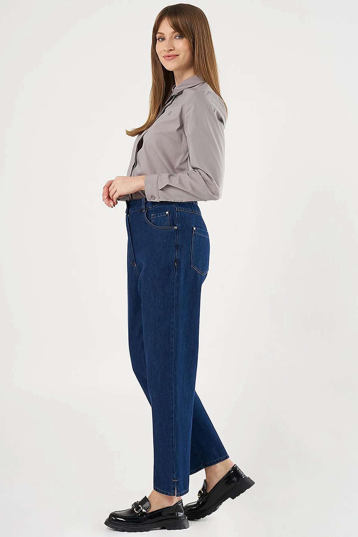 Denim Pants with Slit Hems Navy