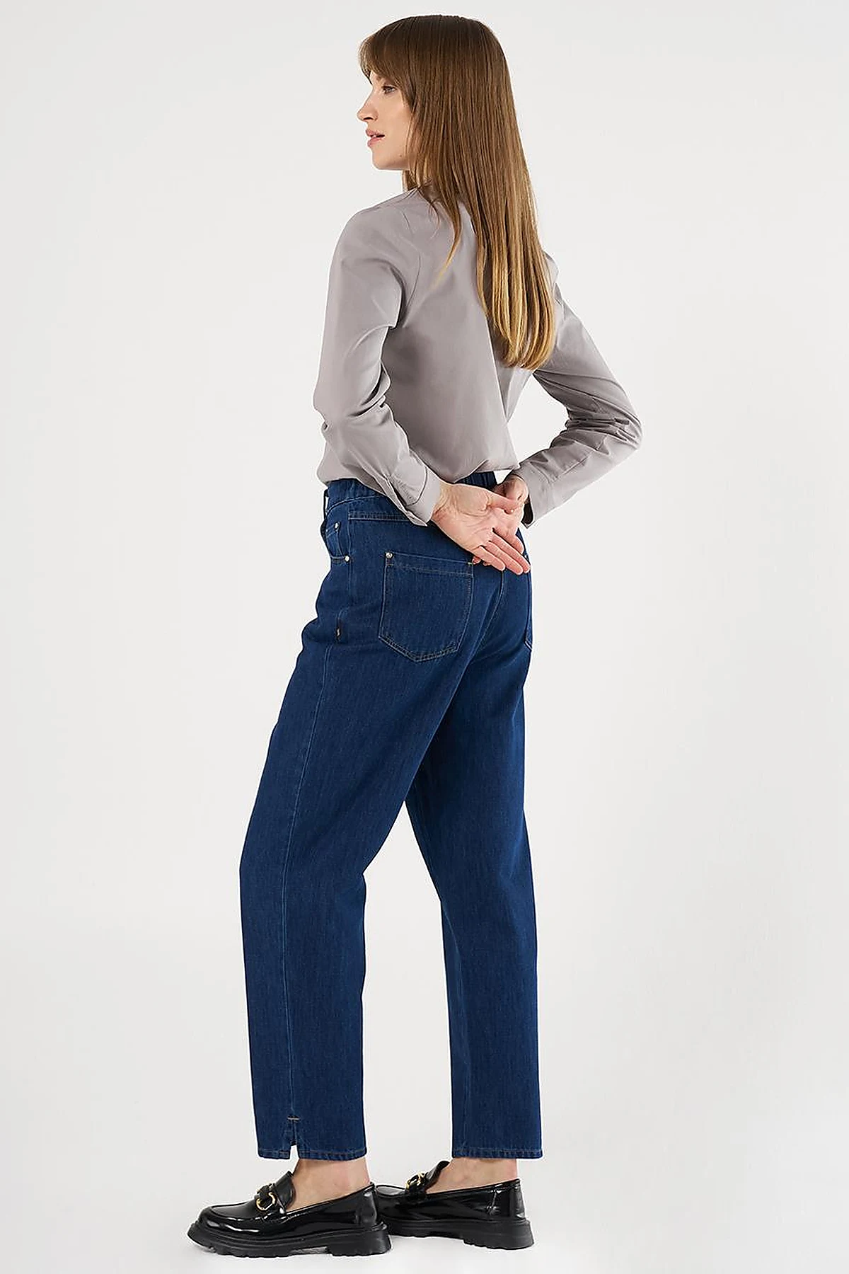 Denim Pants with Slit Hems Navy