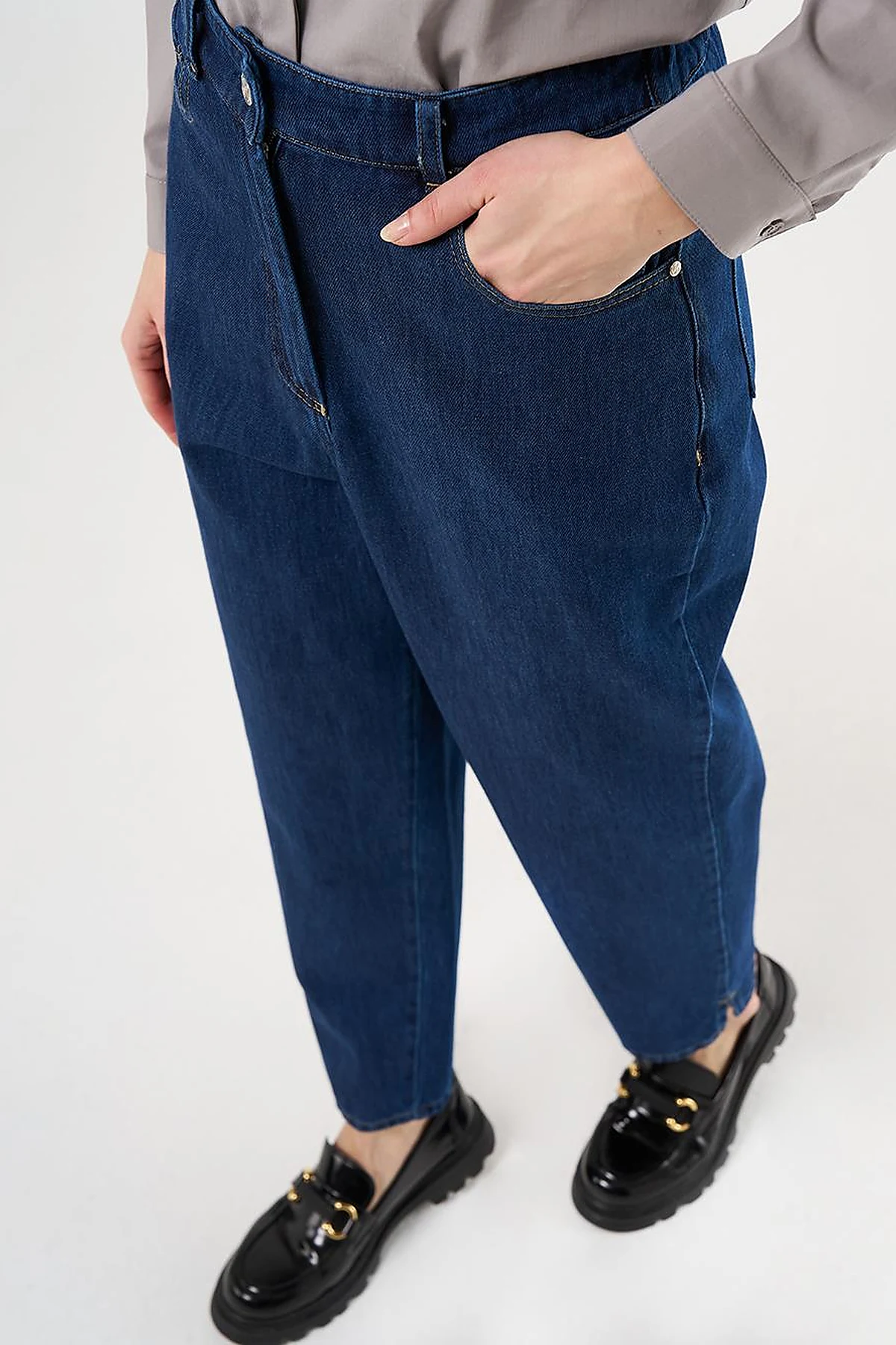 Denim Pants with Slit Hems Navy