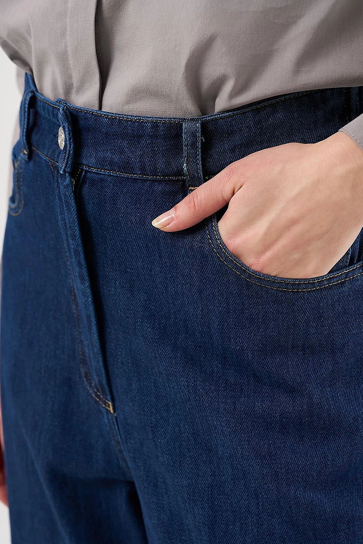 Denim Pants with Slit Hems Navy