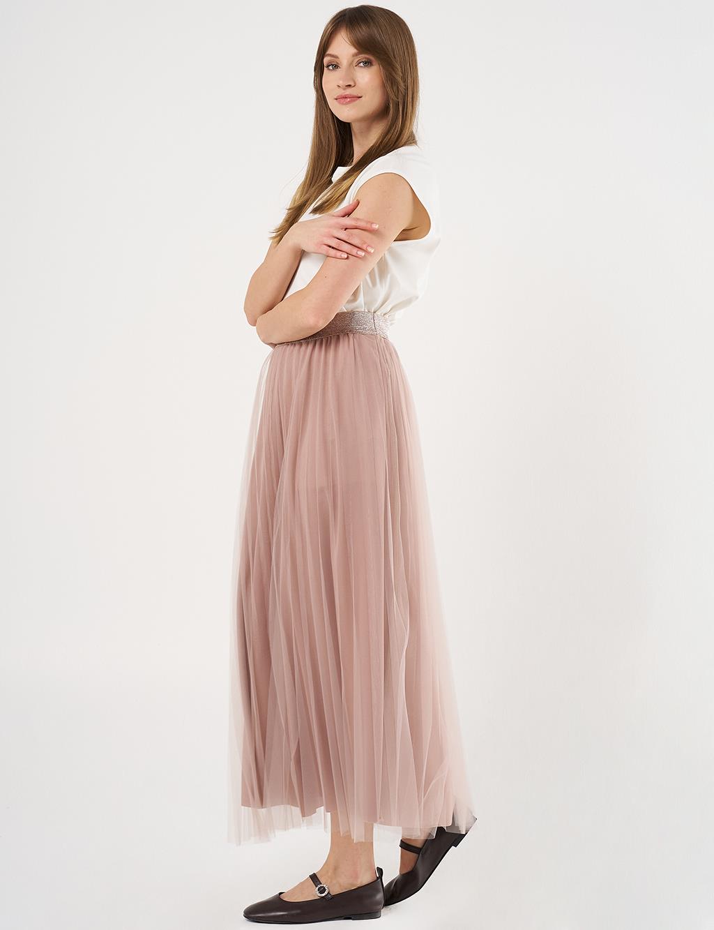Pleated Tulle Skirt Beige