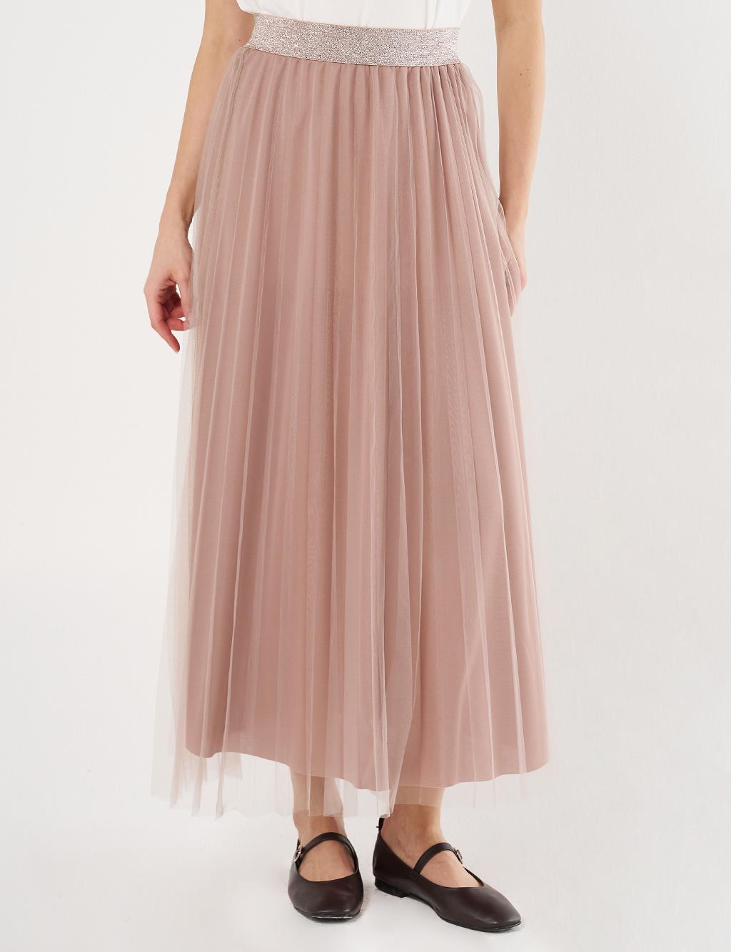 Pleated Tulle Skirt Beige
