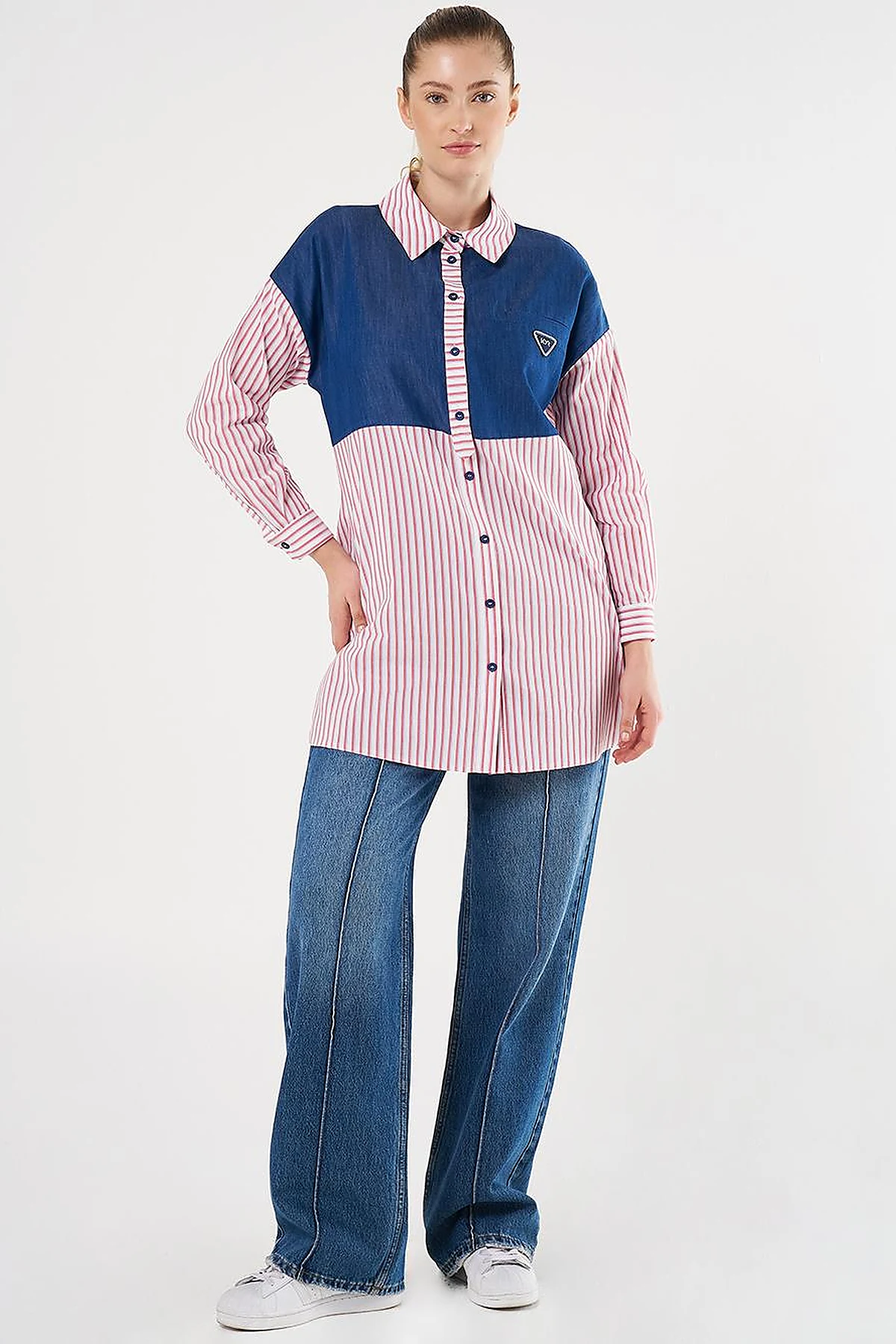 Denim-Trimmed Modal Tunic Red