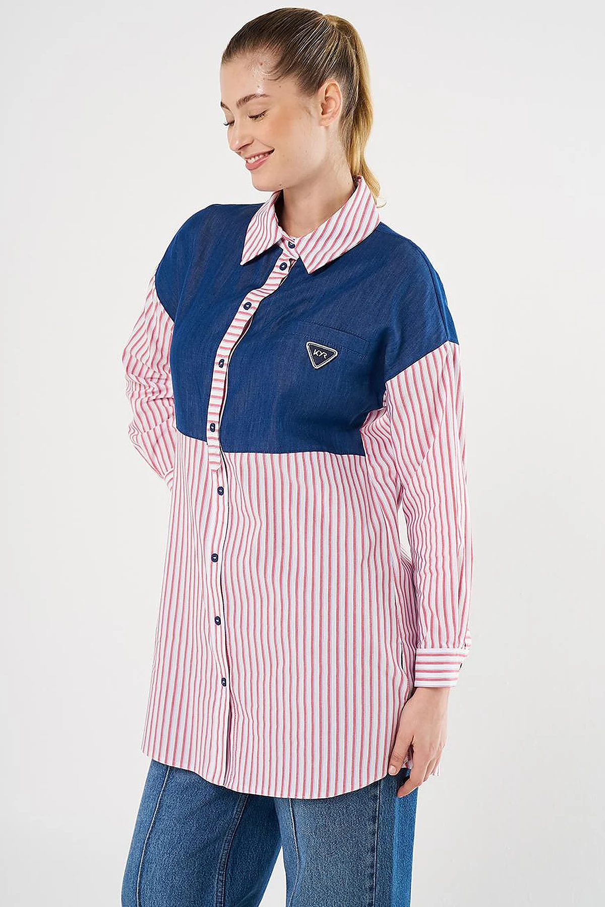 Denim-Trimmed Modal Tunic Red