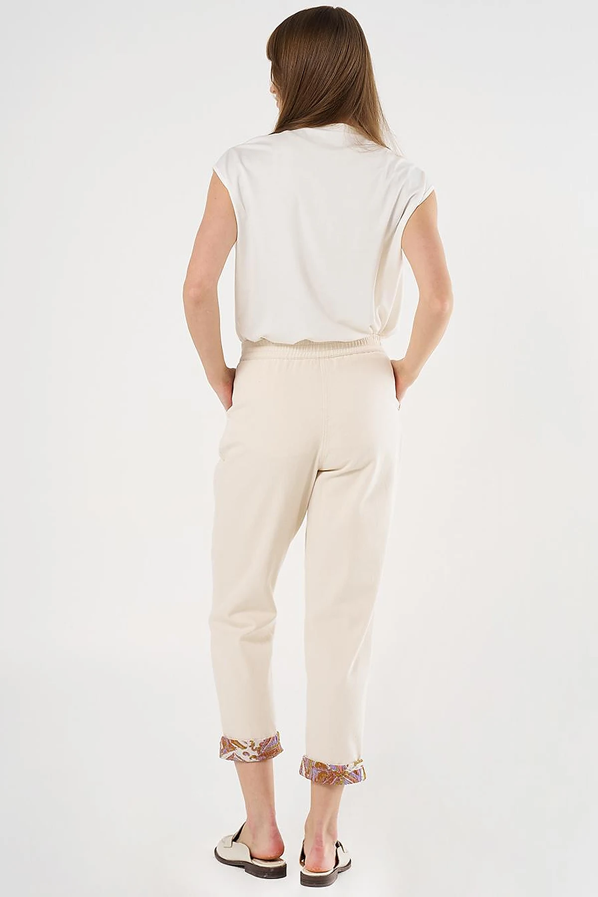 Canvas Pants with Fabric-Panel Hems Cream