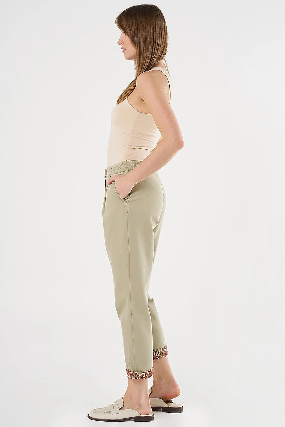 Canvas Pants with Fabric-Panel Hems Moss Green