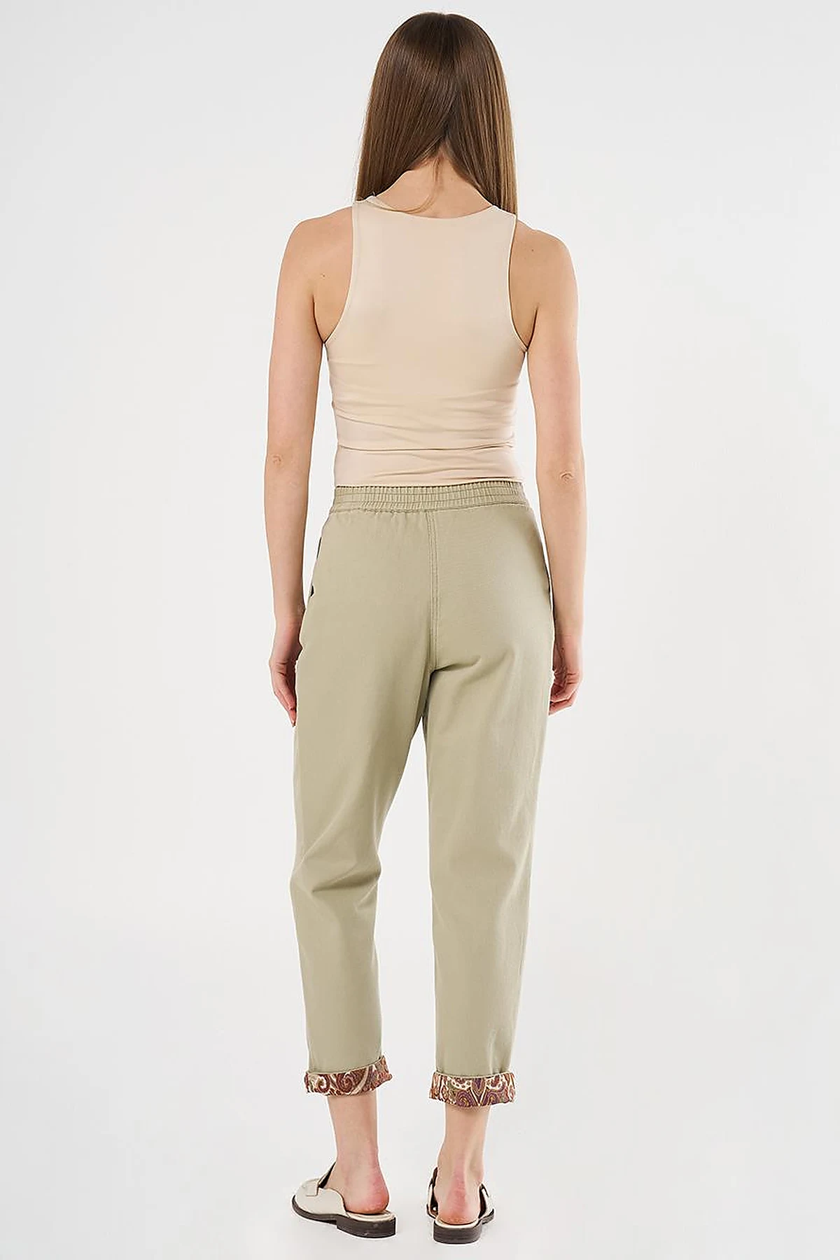 Canvas Pants with Fabric-Panel Hems Moss Green