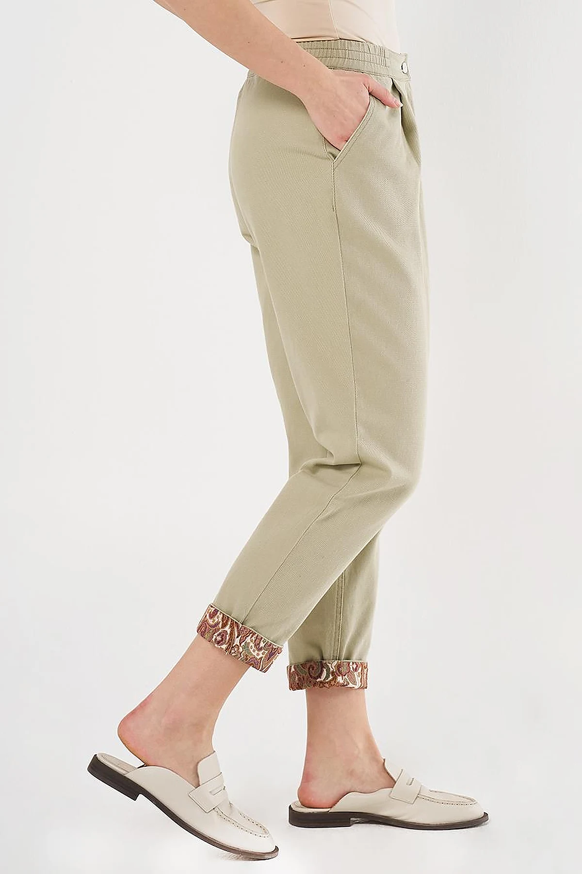 Canvas Pants with Fabric-Panel Hems Moss Green
