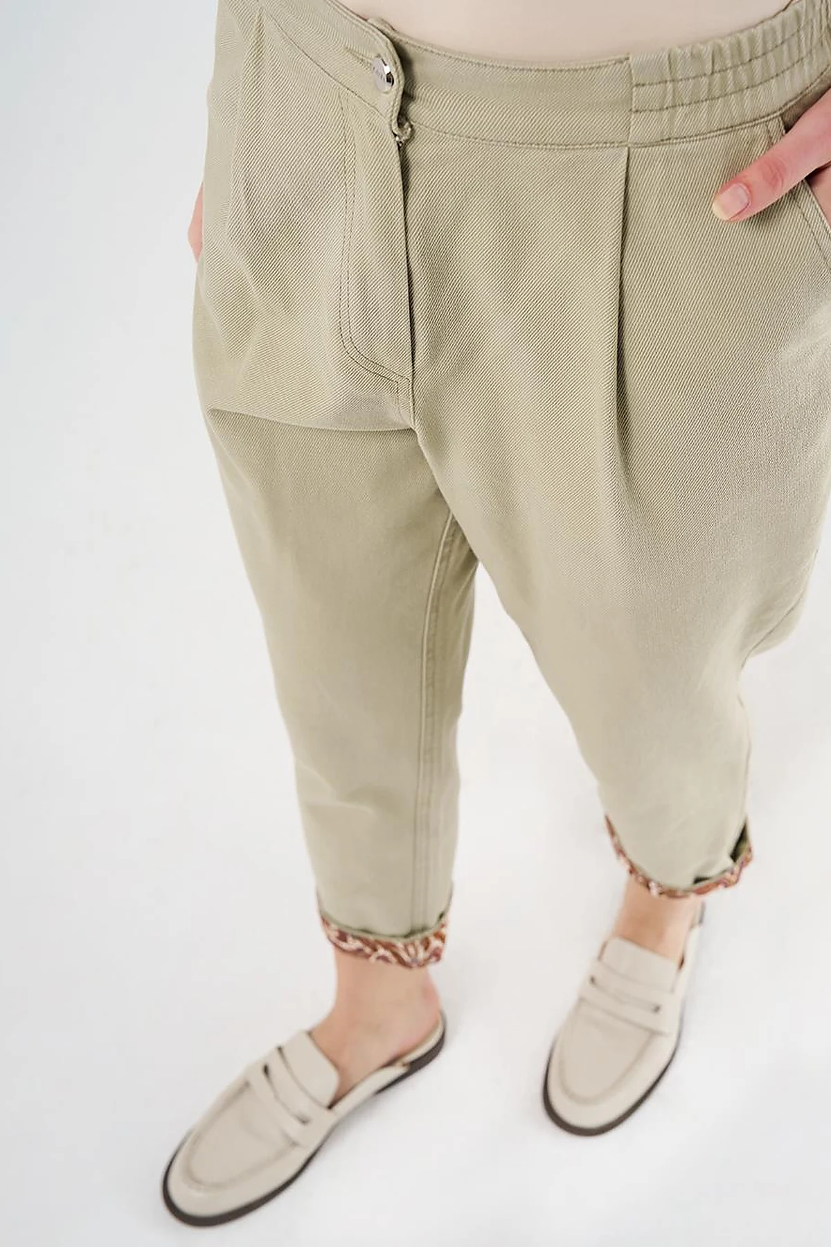 Canvas Pants with Fabric-Panel Hems Moss Green