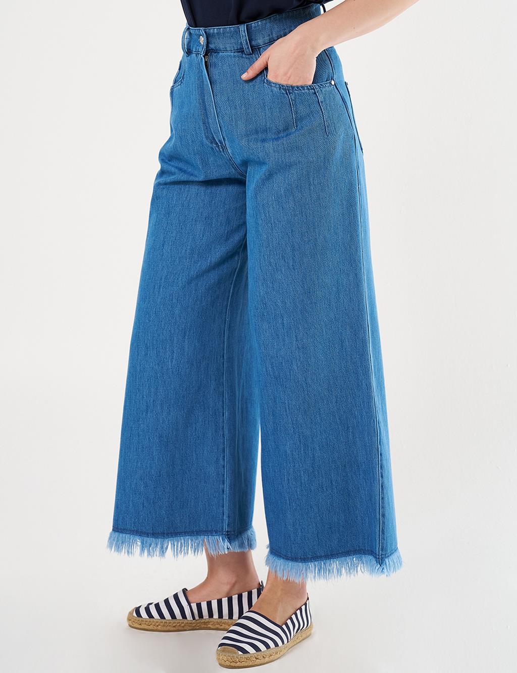 Distressed High-Waist Denim Pants Indigo