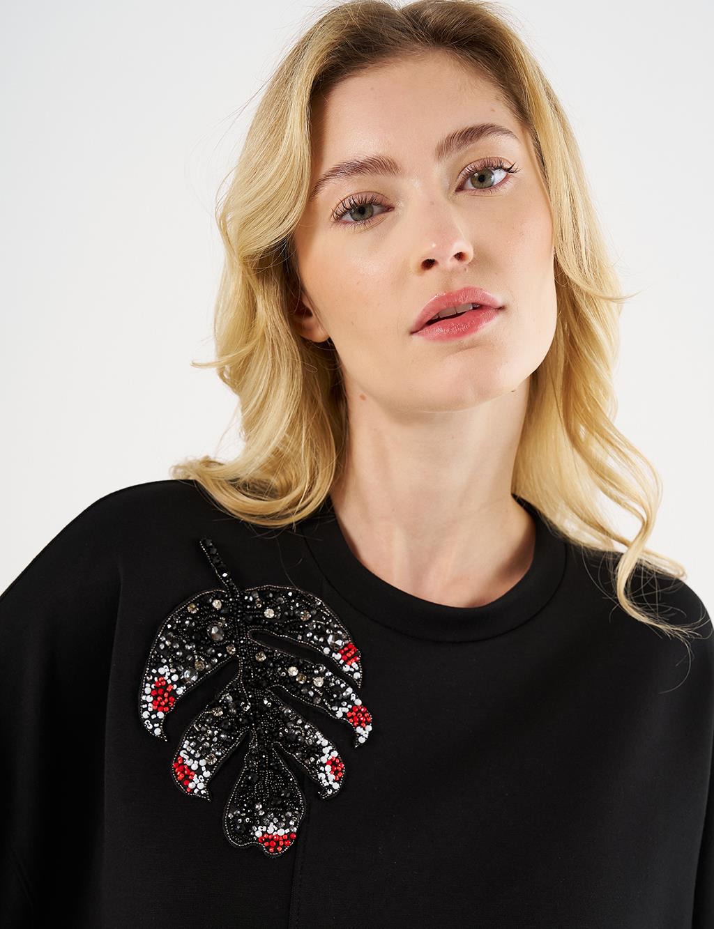 İşlemeli Scuba Sweatshirt Siyah 