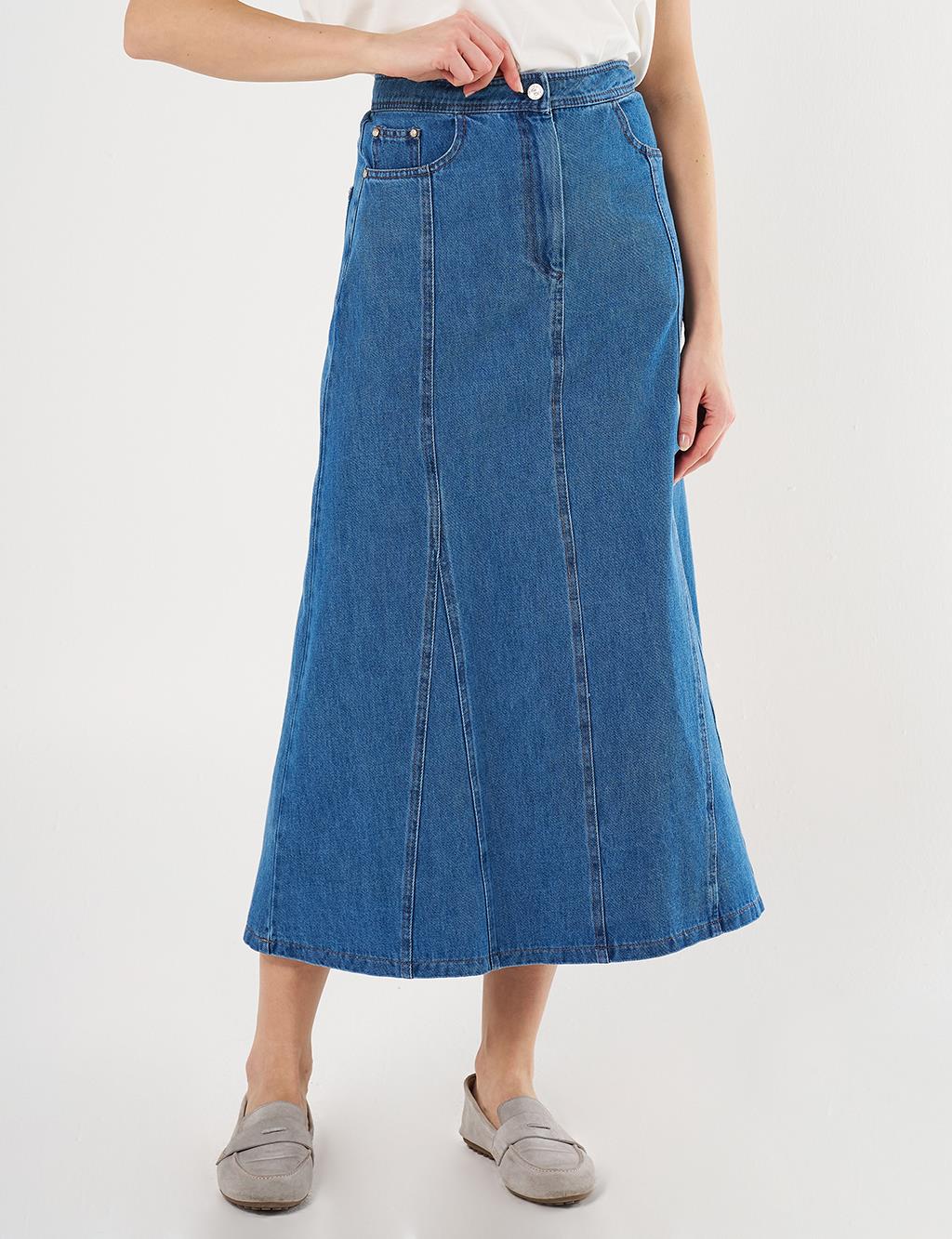 Parçalı Denim Etek İndigo