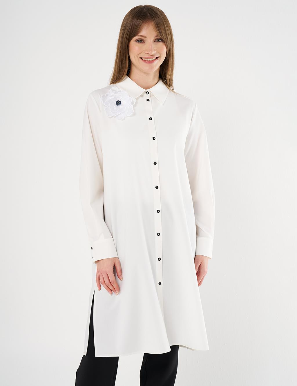 Long Tunic with Floral Appliqué Ecru