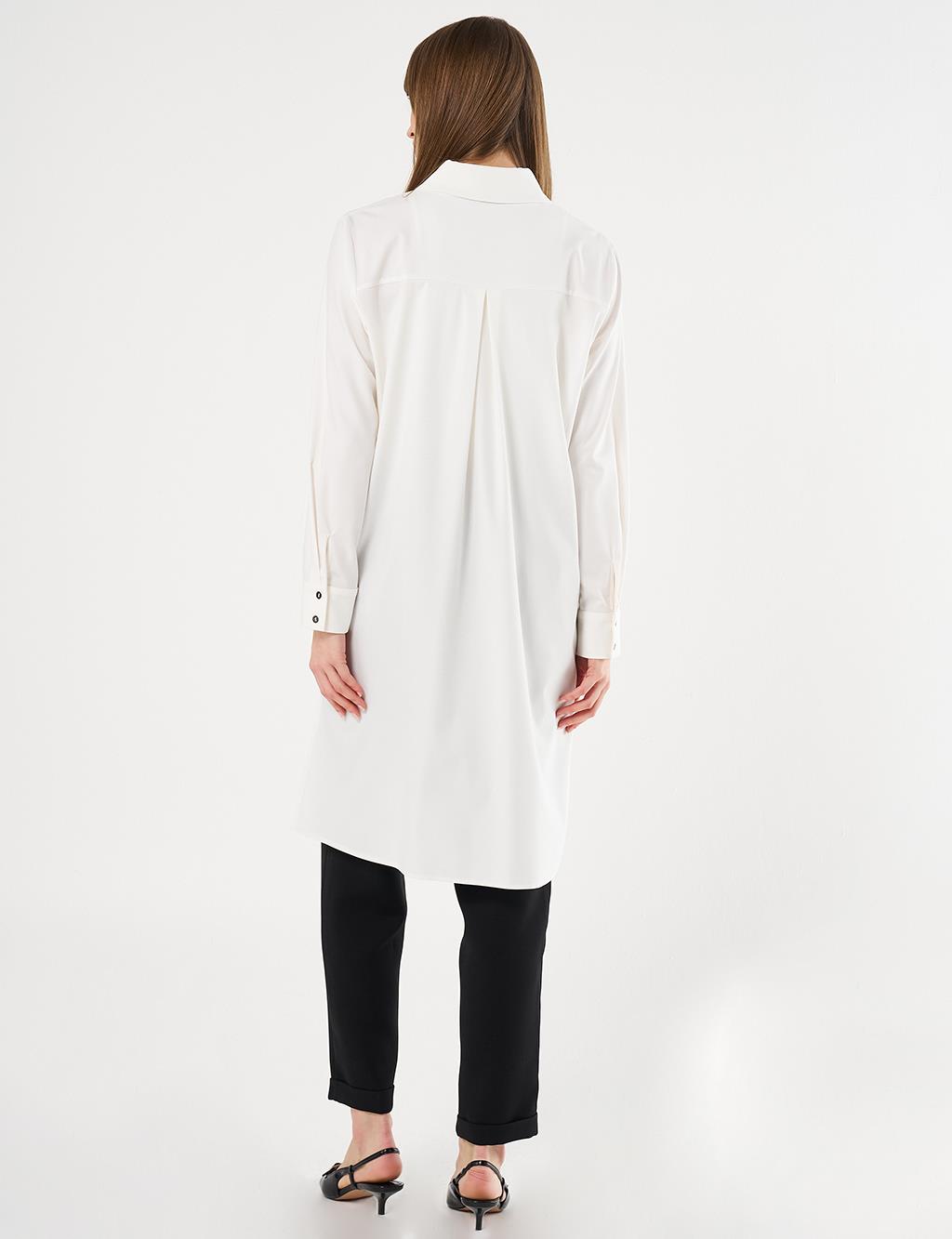 Long Tunic with Floral Appliqué Ecru