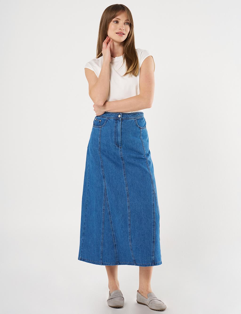 Parçalı Denim Etek İndigo