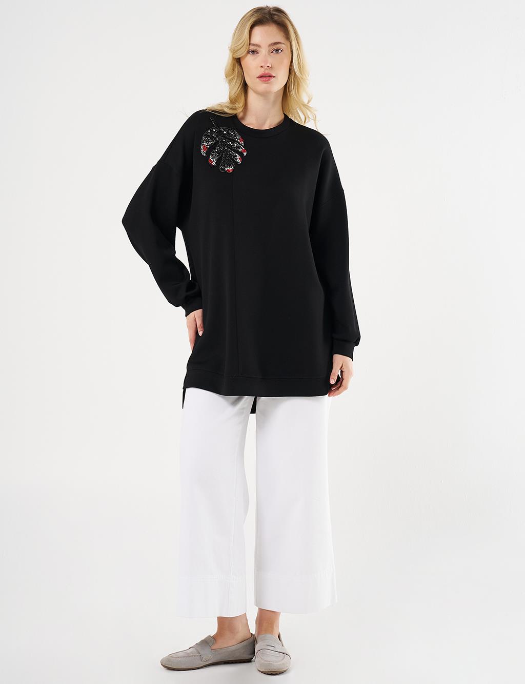 İşlemeli Scuba Sweatshirt Siyah 