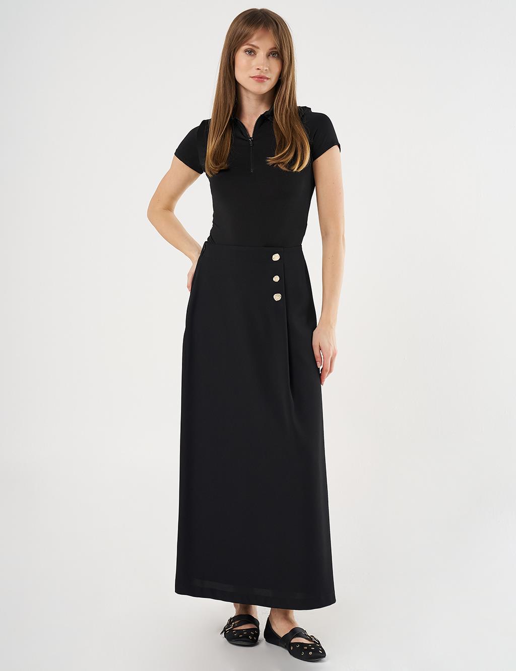 Gold Button High Waist Skirt Black