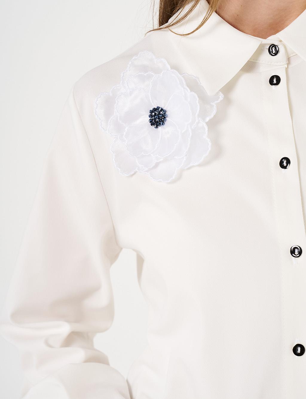 Long Tunic with Floral Appliqué Ecru