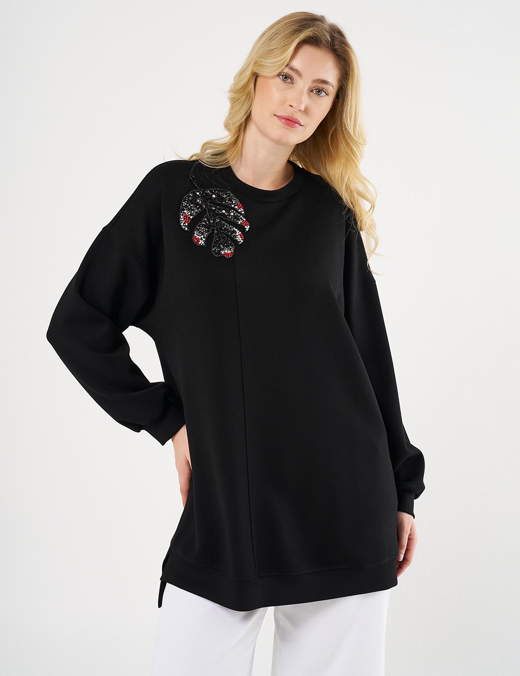 İşlemeli Scuba Sweatshirt Siyah 