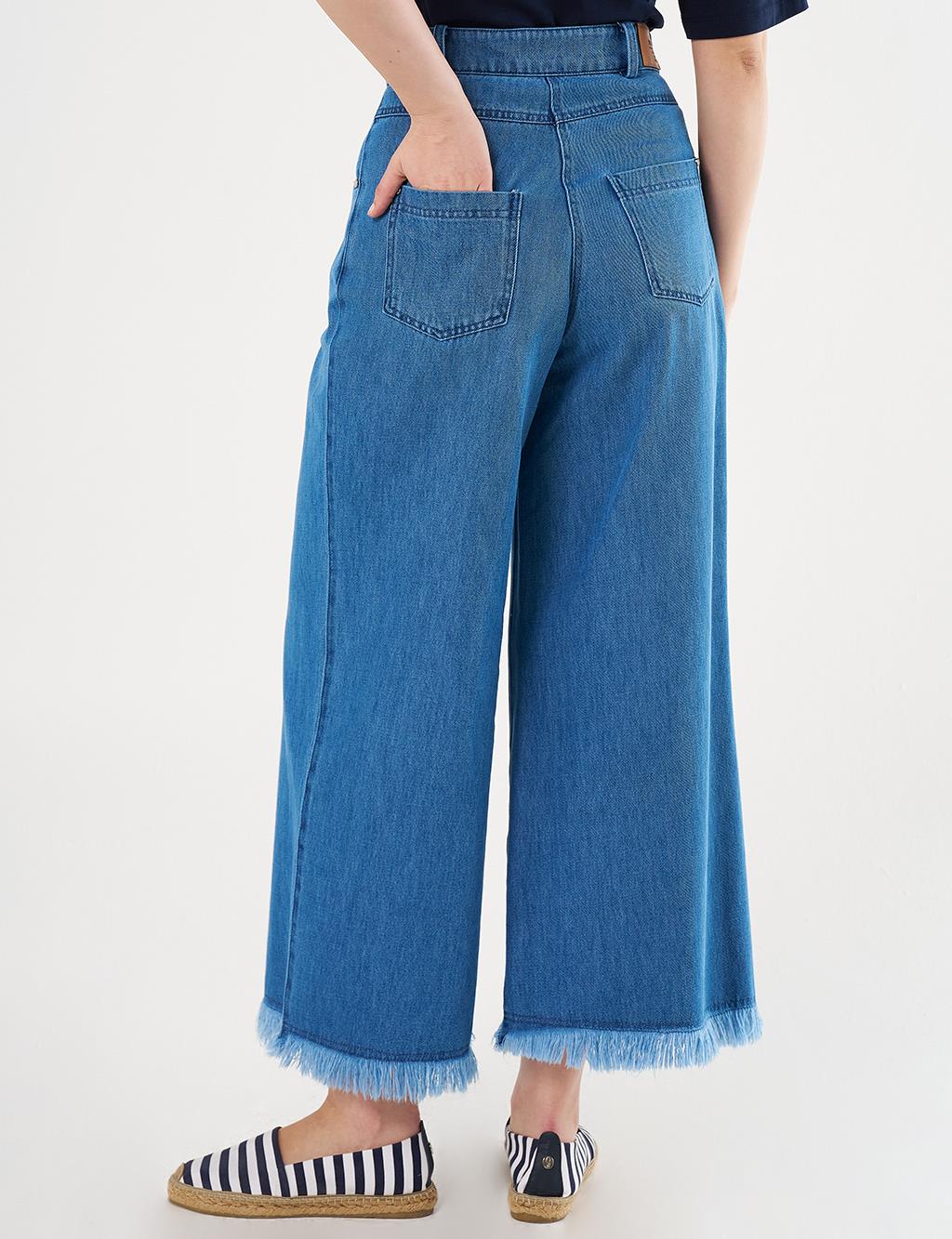 Distressed High-Waist Denim Pants Indigo