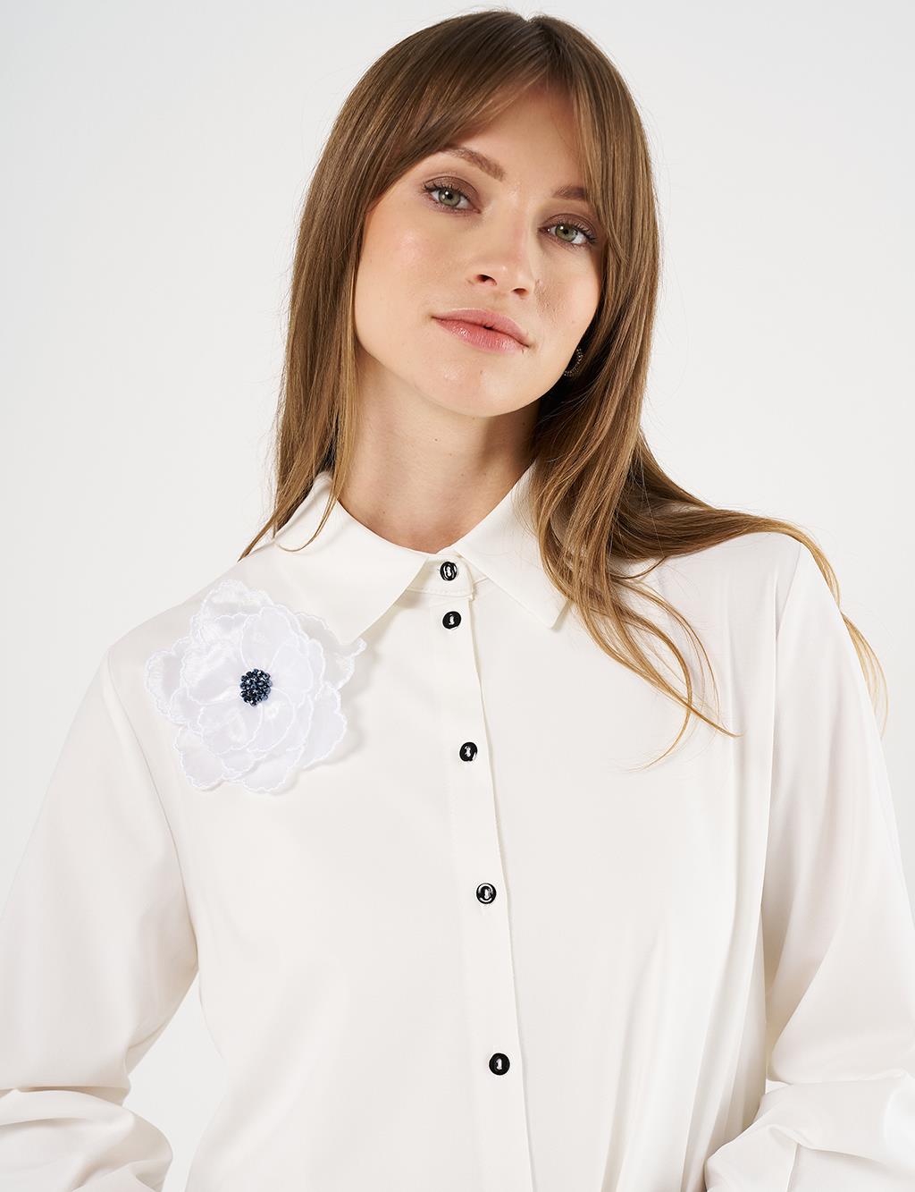Long Tunic with Floral Appliqué Ecru