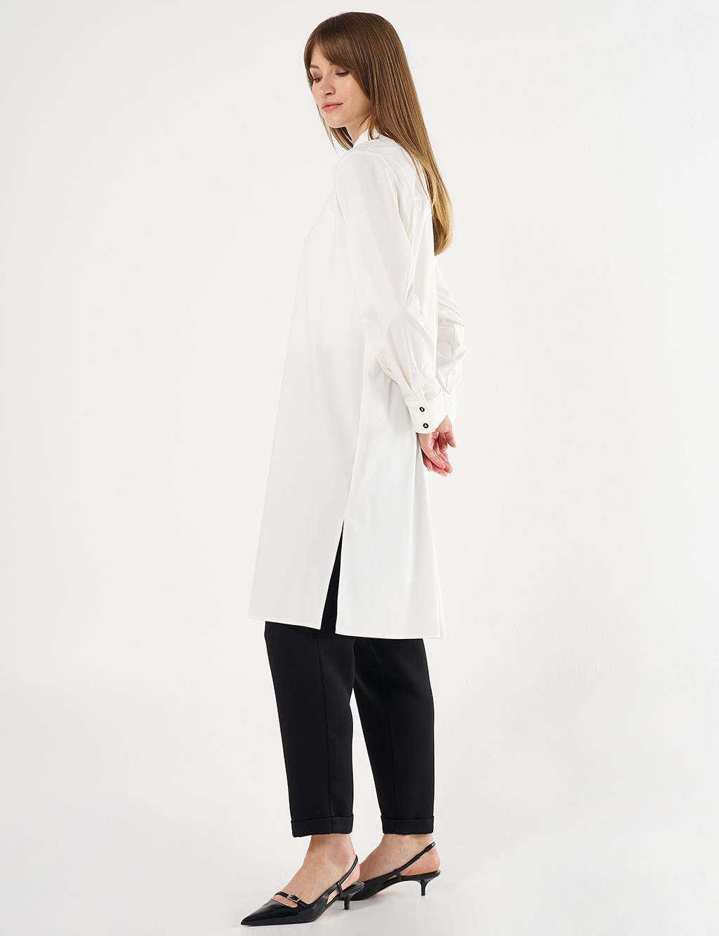 Long Tunic with Floral Appliqué Ecru