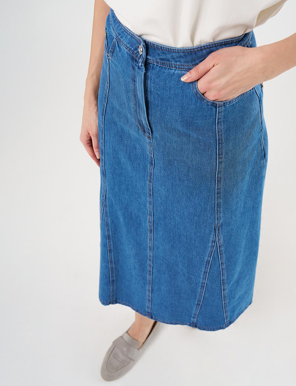 Parçalı Denim Etek İndigo