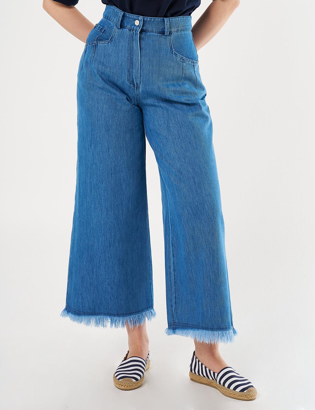 Distressed High-Waist Denim Pants Indigo