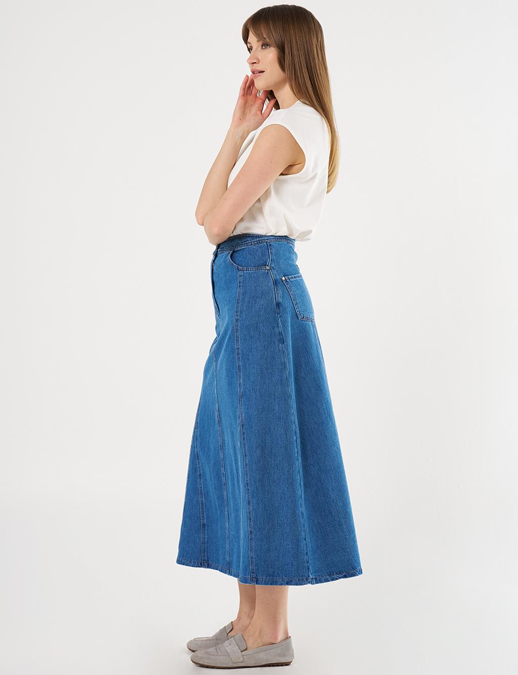 Parçalı Denim Etek İndigo