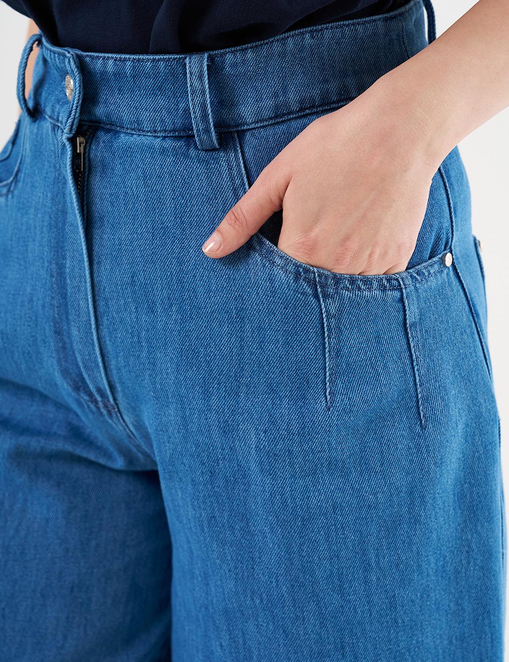 Distressed High-Waist Denim Pants Indigo