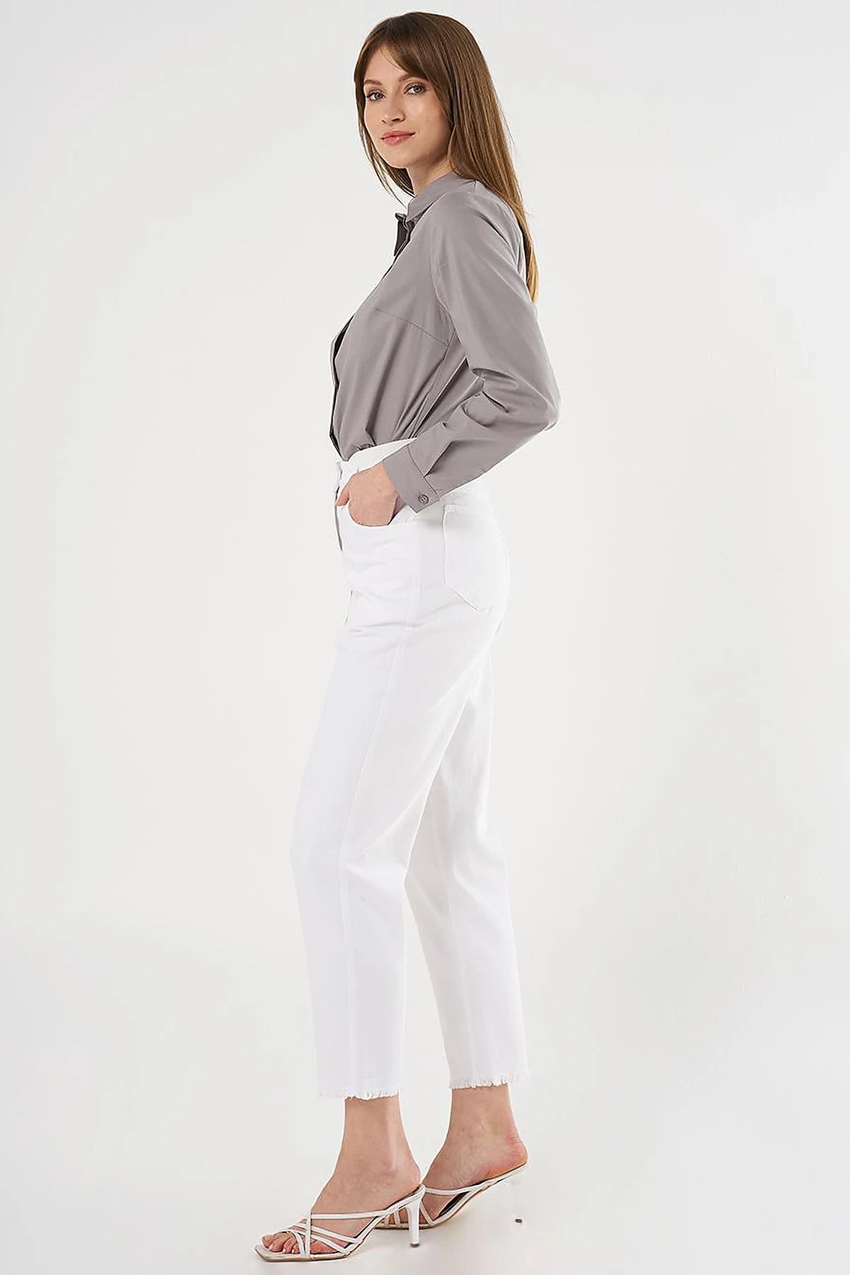 Elastic Waist Straight Leg Canvas Pants in Optical White