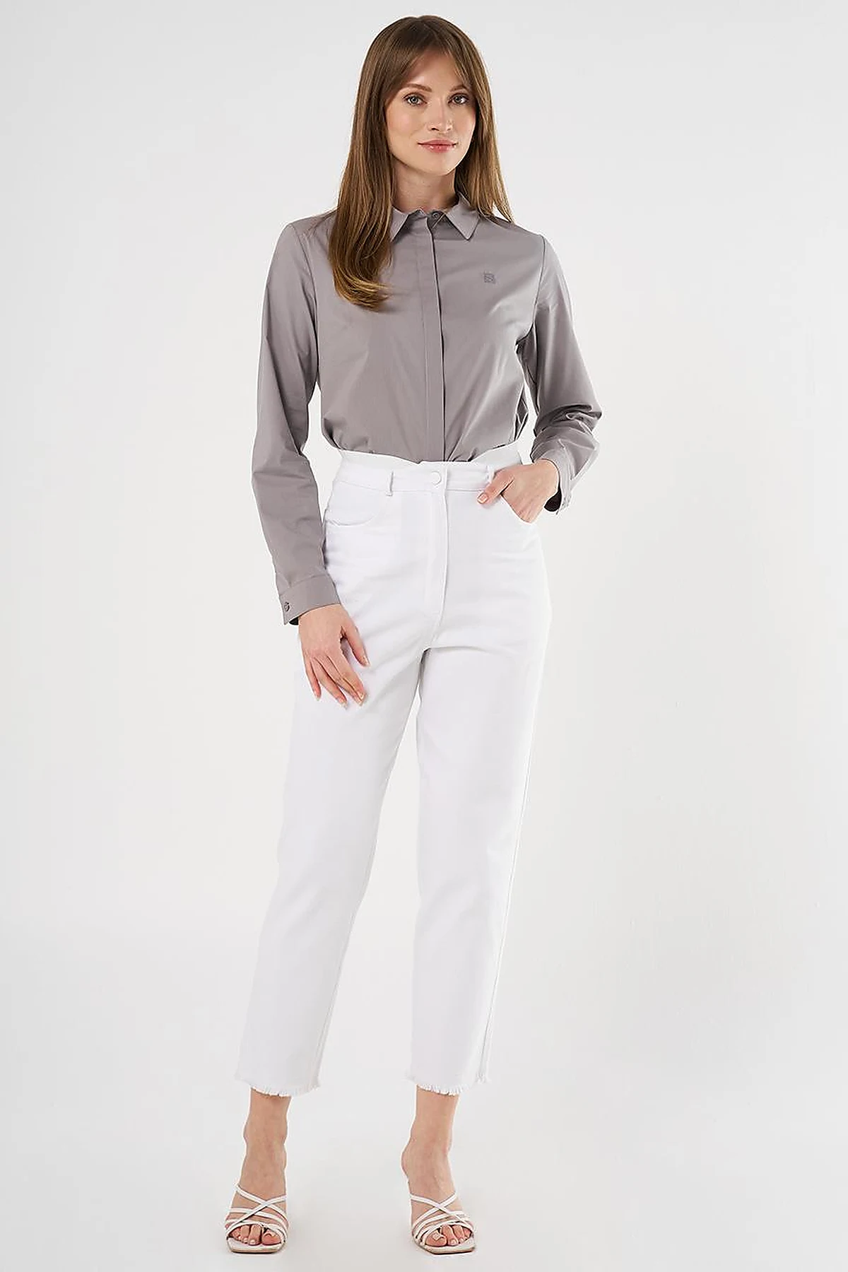 Elastic Waist Straight Leg Canvas Pants in Optical White