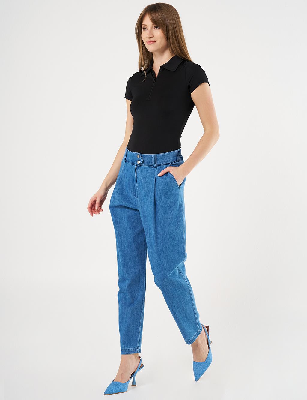 Pleated Carrot Cut Denim Pants Indigo