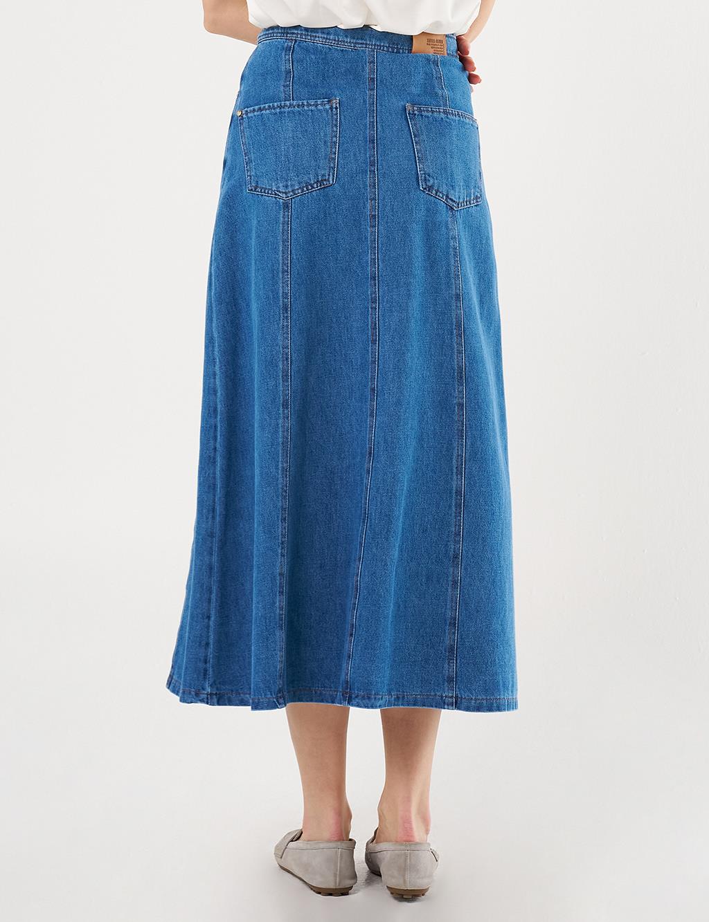 Parçalı Denim Etek İndigo