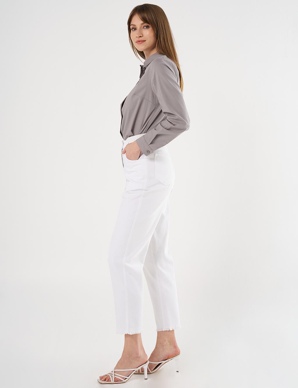 Elastic Waist Straight Leg Canvas Pants in Optical White