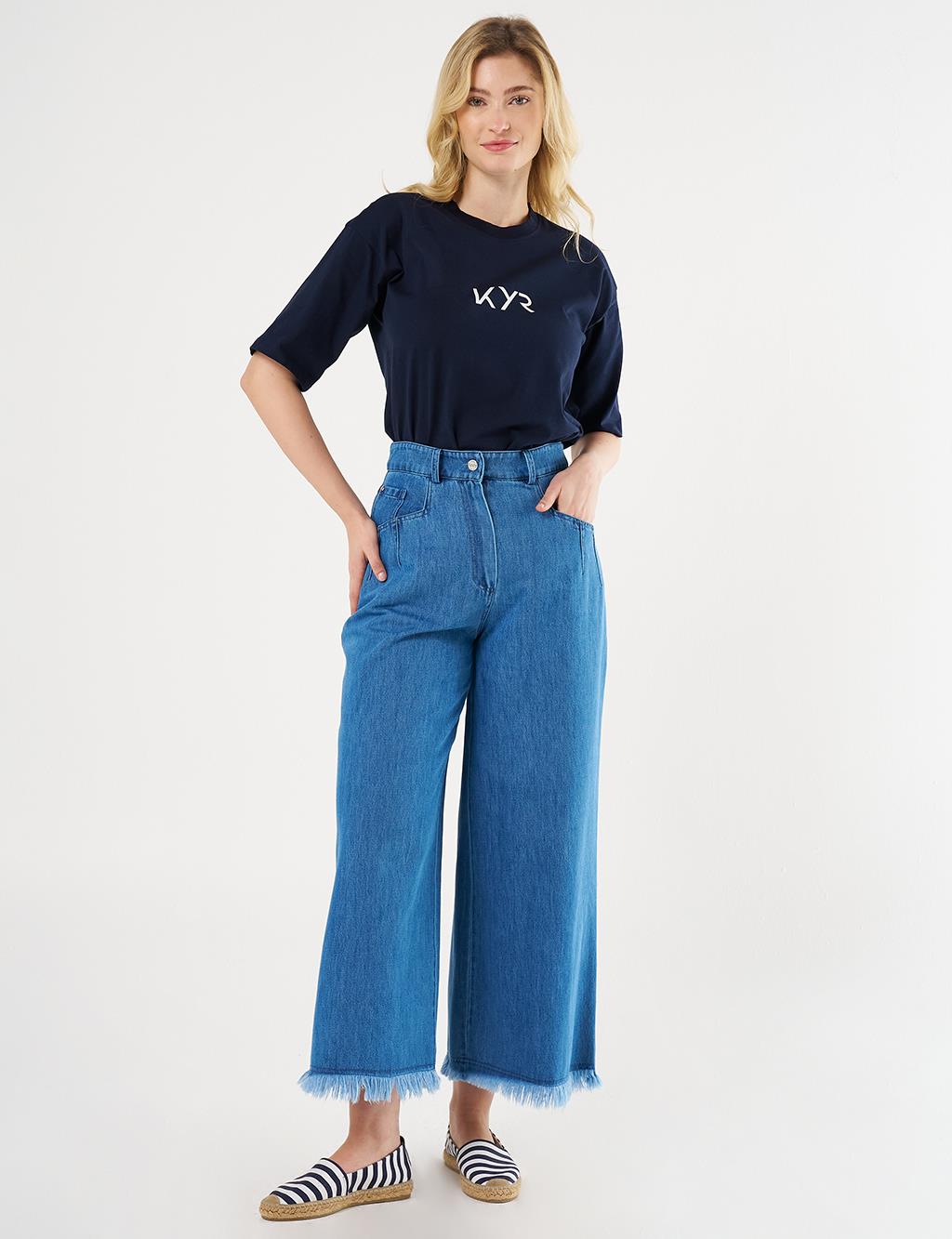 Distressed High-Waist Denim Pants Indigo