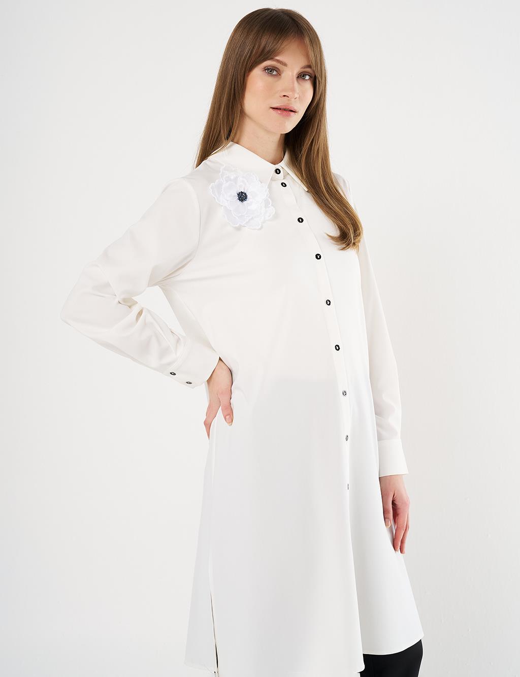 Long Tunic with Floral Appliqué Ecru